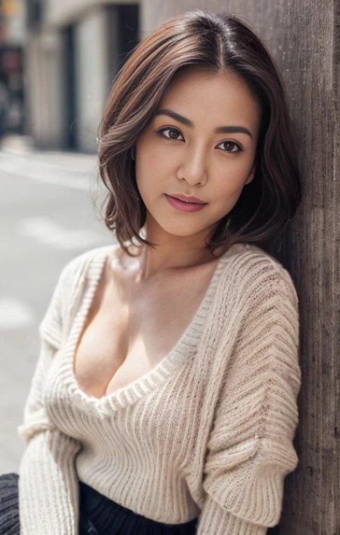 ((Best Quality, 8K, masutepiece, Portrait: 1.3)), (From below, Look down, Looking at the viewer), (Cowboy Shot:1), Photorealistic, Sharp Focus, Solo, Japan Mature Woman, Beauty, ((Lying down)), (Open mouth:0.7), Cloth with cleavage view, 35 years old, Wavy Hair, Wrinkles at the corners of the eyes, emphasized, ((Huge:1.4))),obscenity,Erotic, (((Tunic sweater))),skirt by the, street corner,