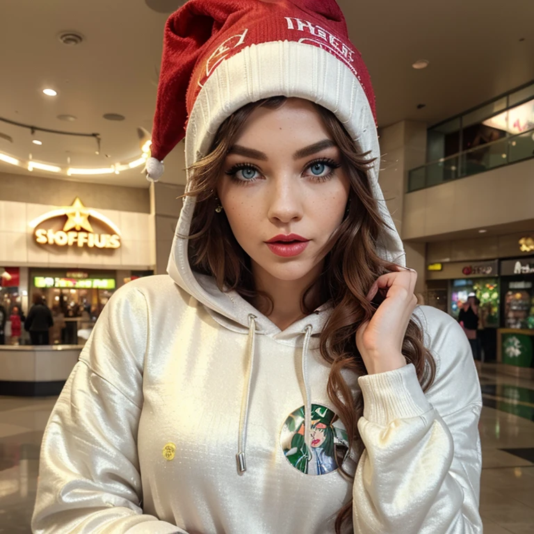 3d animation, cute 20s female grinch, long lashes, thin eyebrows, blue eyes, smokey eye shadow, curly medium length red hair, red full lips, freckles, wearing a white hoodie, yellow carhart beanie, drinking starbucks latte, red fingernals blinged out, large thin silver hoop earings, shopping mall background.
