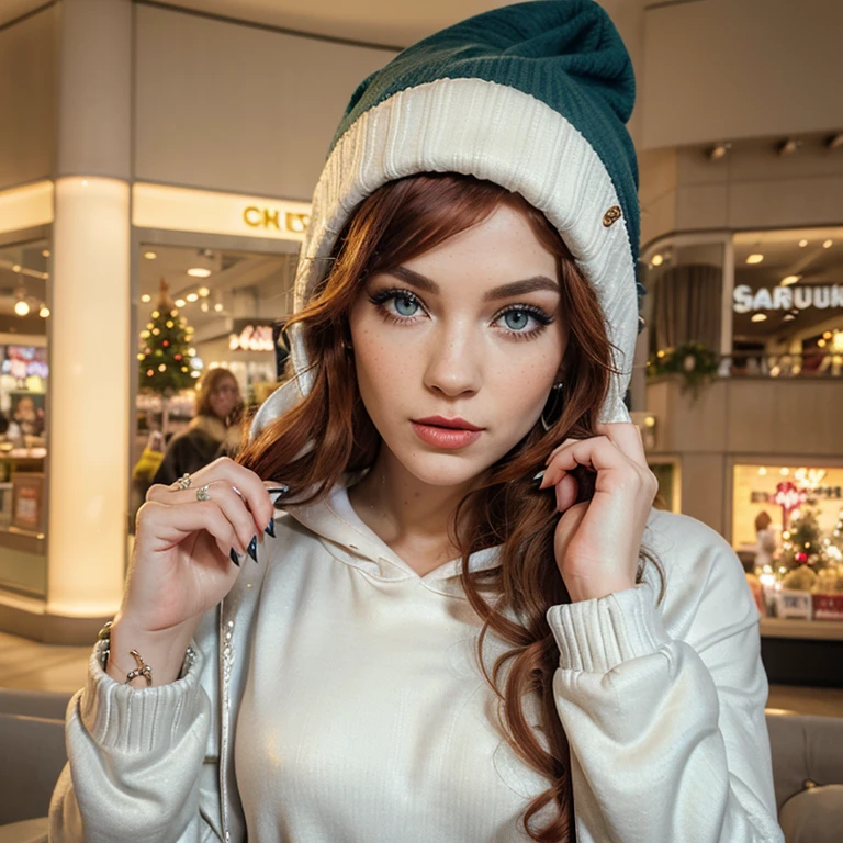3d animation, cute 20s female grinch, long lashes, thin eyebrows, blue eyes, smokey eye shadow, curly medium length red hair, red full lips, freckles, wearing a white hoodie, yellow carhart beanie, drinking starbucks latte, red fingernals blinged out, large thin silver hoop earings, shopping mall background.