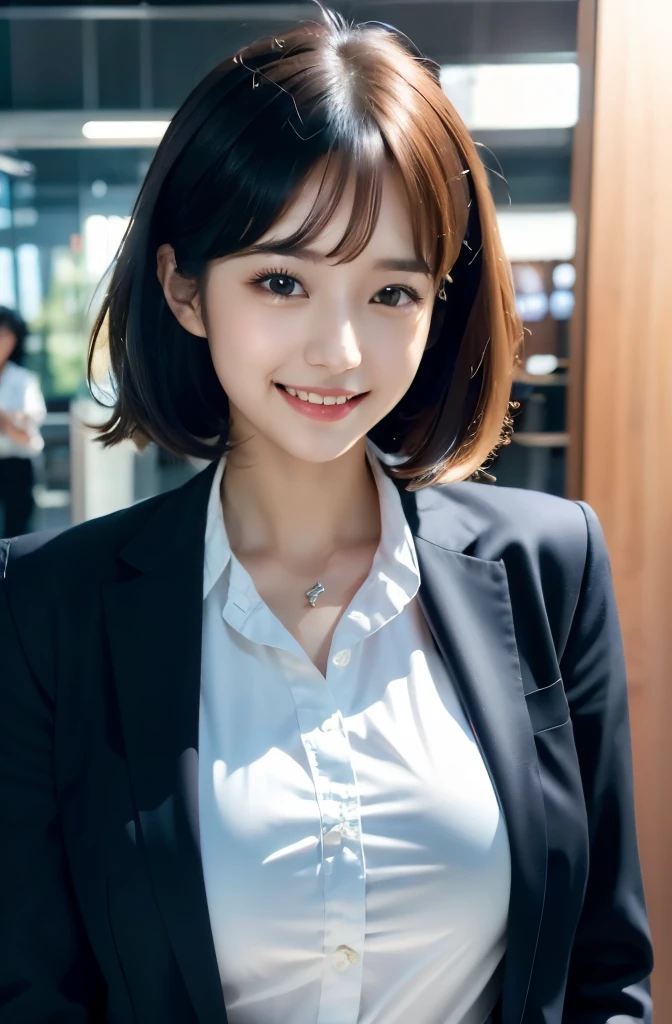 (8k, RAW photo, ultra high res, best quality, masterpiece:1.2), (realistic illustration), (extremely detailed CG unity 8k wallpaper), absurdres, 1 girl,21 yo, beautiful face,medium breasts,black medium hair,smile,tilting head,grin,upper body,slim fit pants,gray tailored jacket,office,upper body、乃木坂アイドル、、韓国アイドル