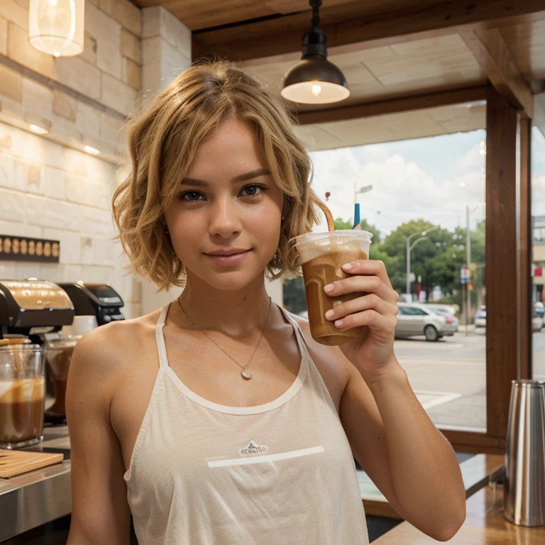 8k, best quality, (photorealistic:1.4), 1 girl, blond hair, short hair length, wavy hair, athletic, holding an iced coffee from a cafe