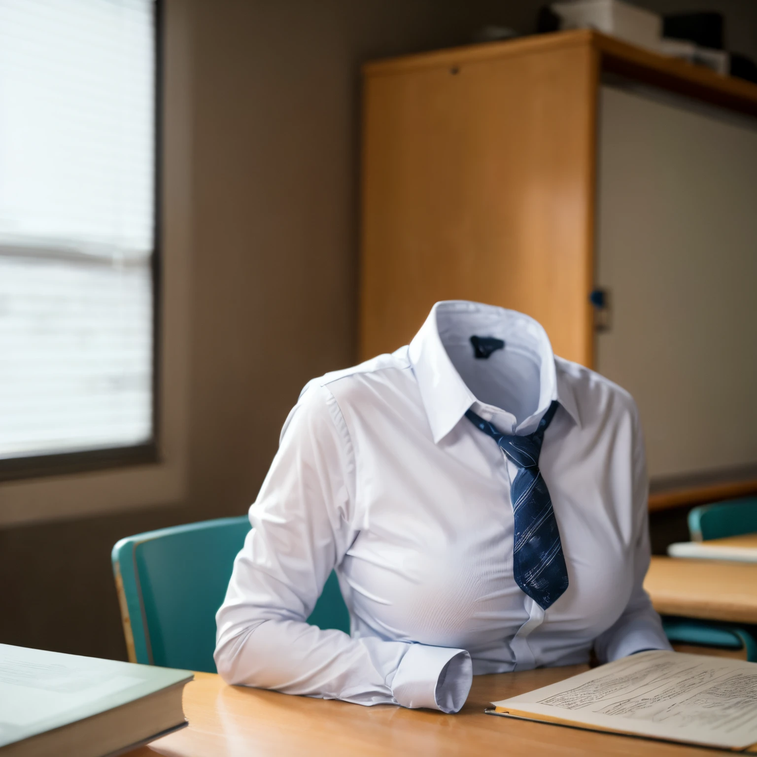chubby, fat, white shirt, blue stripe tie, school tie, school uniform, reading books on desk, classroom, cute pose, (invisible, no humans, headless, faceless:1.5), cute big breasts, (close-up shot of breasts), (8k, RAW photo, best quality, masterpiece:1.2), (realistic, photo-realistic:1.37), photon mapping, radiosity, ((Hasselblad photography)), physically-based rendering