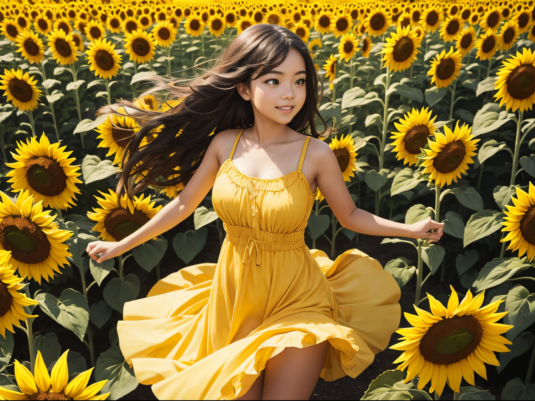 A beautiful girl is dancing in a sunflower field