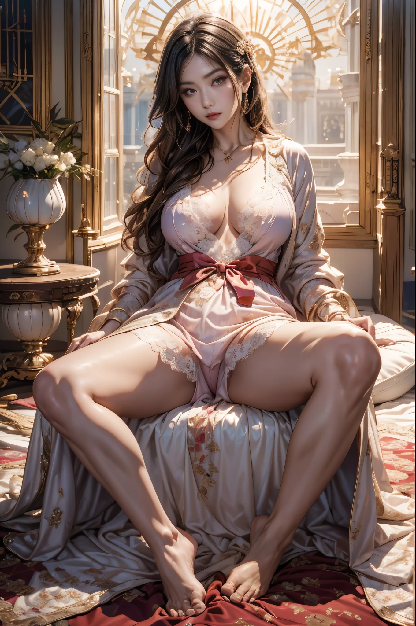 Best quality， tmasterpiece， 超高分辨率， （realistically：1.4）， RAW photos， 1 plump girl， （（lace dressing gown））， （（Small under ???????））， cold light，dynamicposes，pyjamas，(spread your legs:1.4)，(open your feet)，Pretend to sleep，