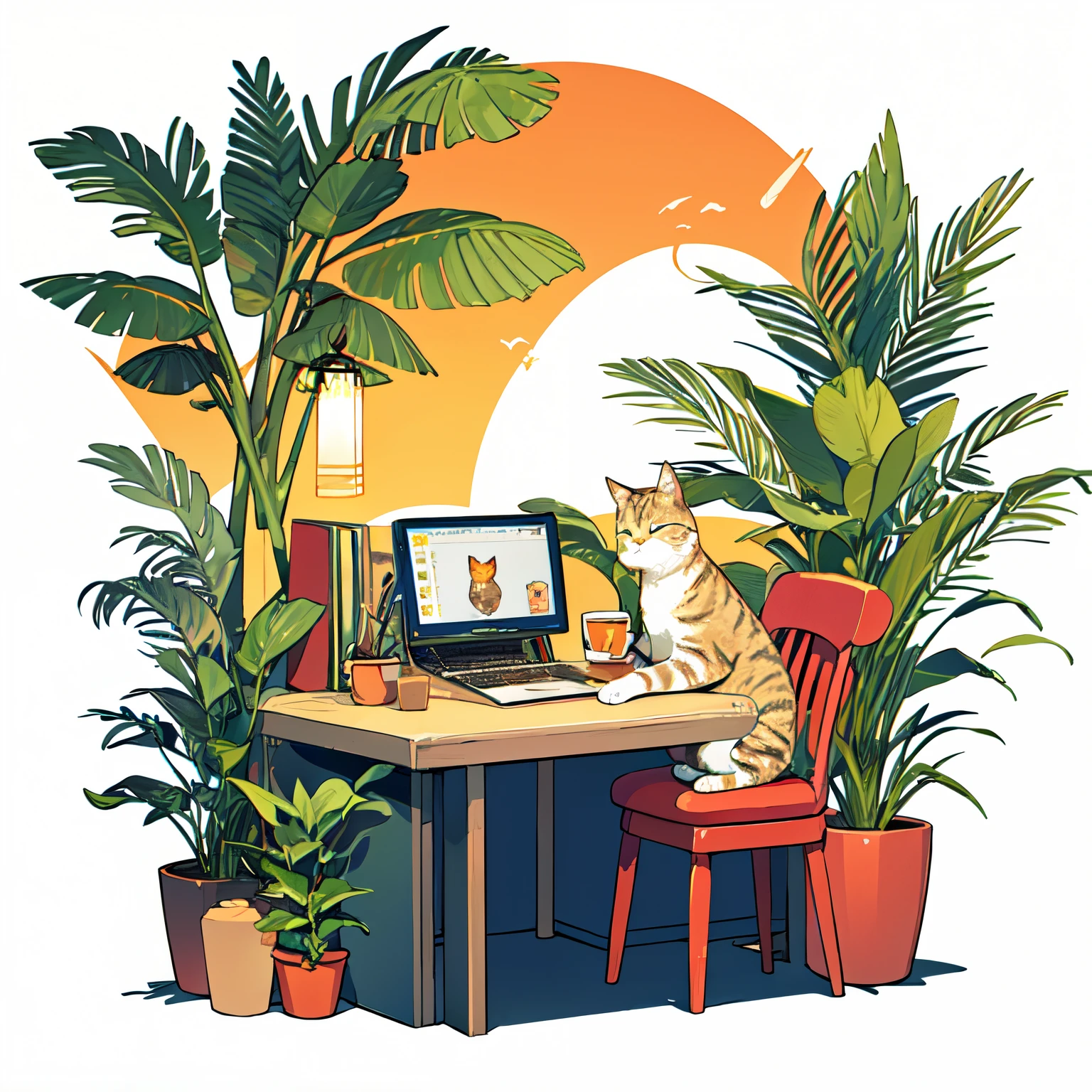 Light retro color, flat, Grainy, RISO Print Style, illustartion, Cute, empty space, Low saturation, animal, Beach, cat, chair, computer, a cup, drink, drinking glass, drinking straw, flower, food, ,  CUBE, sheet, Mug, NOhumans, Orange background, palm tree, pencil, plant, potted plant, Sand, a table, a tree, 独奏, sitting, a cup, NOhumans, ombre, animal, sheet, chair, phone, cat, cellphone, plant, Orange background, potted plant, lamp, animal focus, whiskers