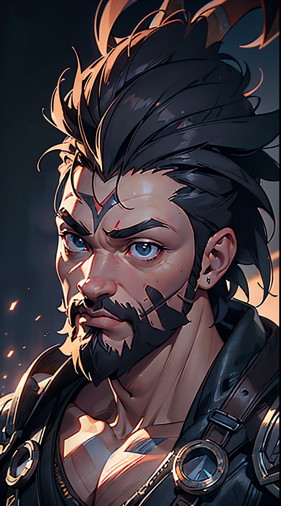 A beautifully drawn (((hyperrealistic advanced portrait))) featuring a muscular (((Olympian Kratos))) with long, messy, retro-inspired spiked hair and powerful attributes of an evil spirit, blending human and hybrid creature traits that evoke a sense of the unknown. Advanced lighting and advanced color grading techniques bring forth an ethereal beauty that transcends reality, with intricate details that defy the realm of advanced hyperrealism, set against a (((fantastical dark backdrop))). Advanced 4K/8K/16K gigapixel resolution, advanced lighting effects, and advanced color grading techniques combine to create a breathtakingly advanced advanced drawning that pushes the boundaries of advanced visual artistry