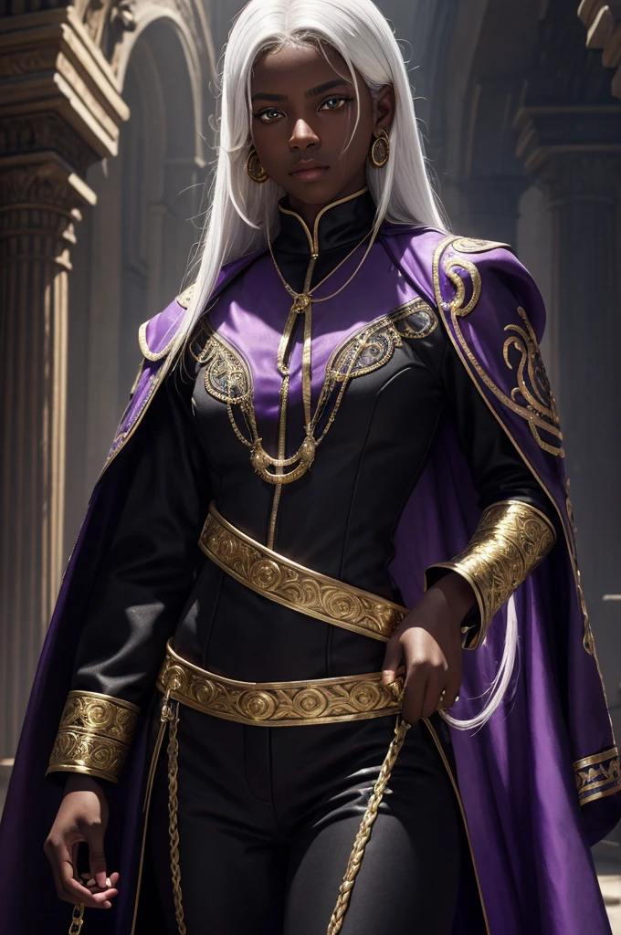 A preteen with a leash of straight white hair, dark skin, Latin ancestry, purple irises, wearing a black tatical suit with golden threads and wearing golden earrings shaped like snakes. Detailed eyes, detailed face, intricate grunge outfits, cinematic lighting, realistic concept art of strong backlighting.