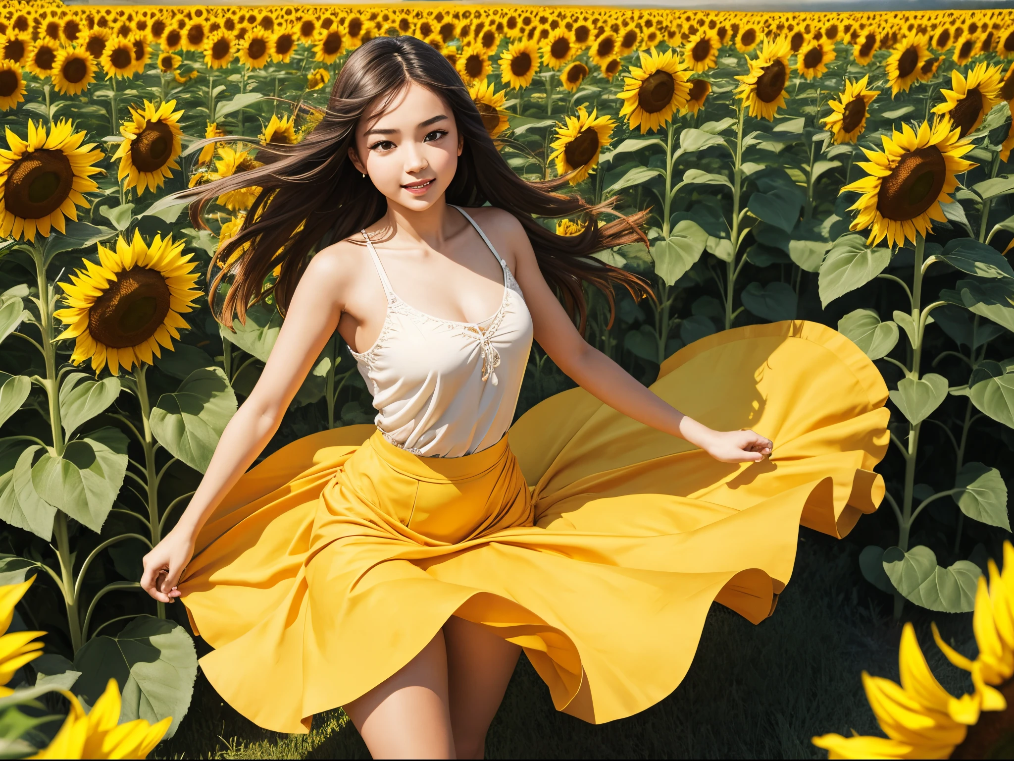 A beautiful girl is dancing in a sunflower field