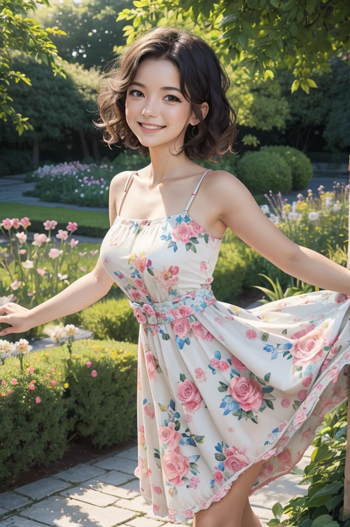 masterpiece, best quality, absurdres, perfect antomy, 1girl, solo, PascalTales, short hair, beautiful, cheerful, sunny day, botanical garden, summer breeze, sundress, floral pattern, wavy hair, smiling