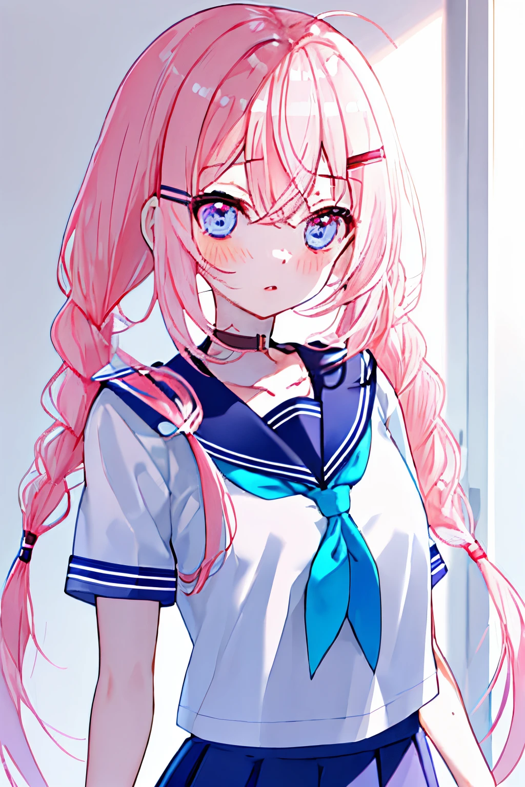 beautiful illustrations, highest quality, (12 year old girl:1.4)、(cute girl:1.5)、、flat chest、sailor collar、(White long tunic)、long sleeve sailor suit、Blue-line cuffs、(pink chino shorts:1.4)、(Pink shorts with wide openings:1.2)、Gap between thigh and pants、slim thighs、white socks、 cinematic lighting, (pink long hair)、pink straight hair、redness of cheeks、(Braiding of the back of the head)