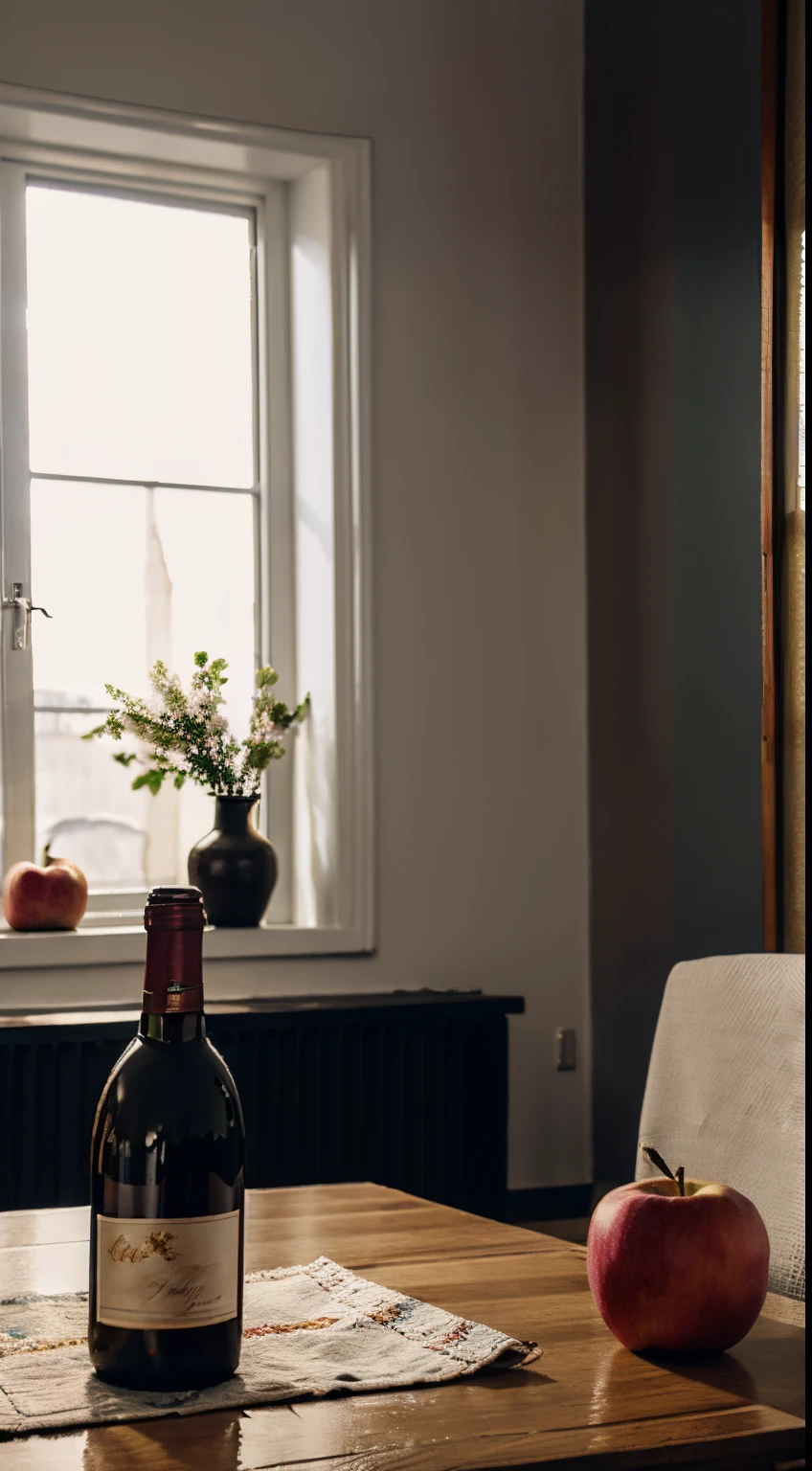 There a bottle of white wine on the table、Apples and peaches, Napkins and wine glasses, Window lighting , Background curtains, Still life impasto painting , Deep dark background,