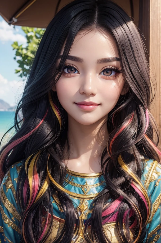 masterpiece, best quality, masterpiece, godlike quality, godlike art, highly detailed face, highly realistic, cute, young girl, smiling, big eyes, long eyelashes, multicolored hair, multicolored eyes, shiny skin, full lips, big lips, shiny skin, blushing, magnificent view