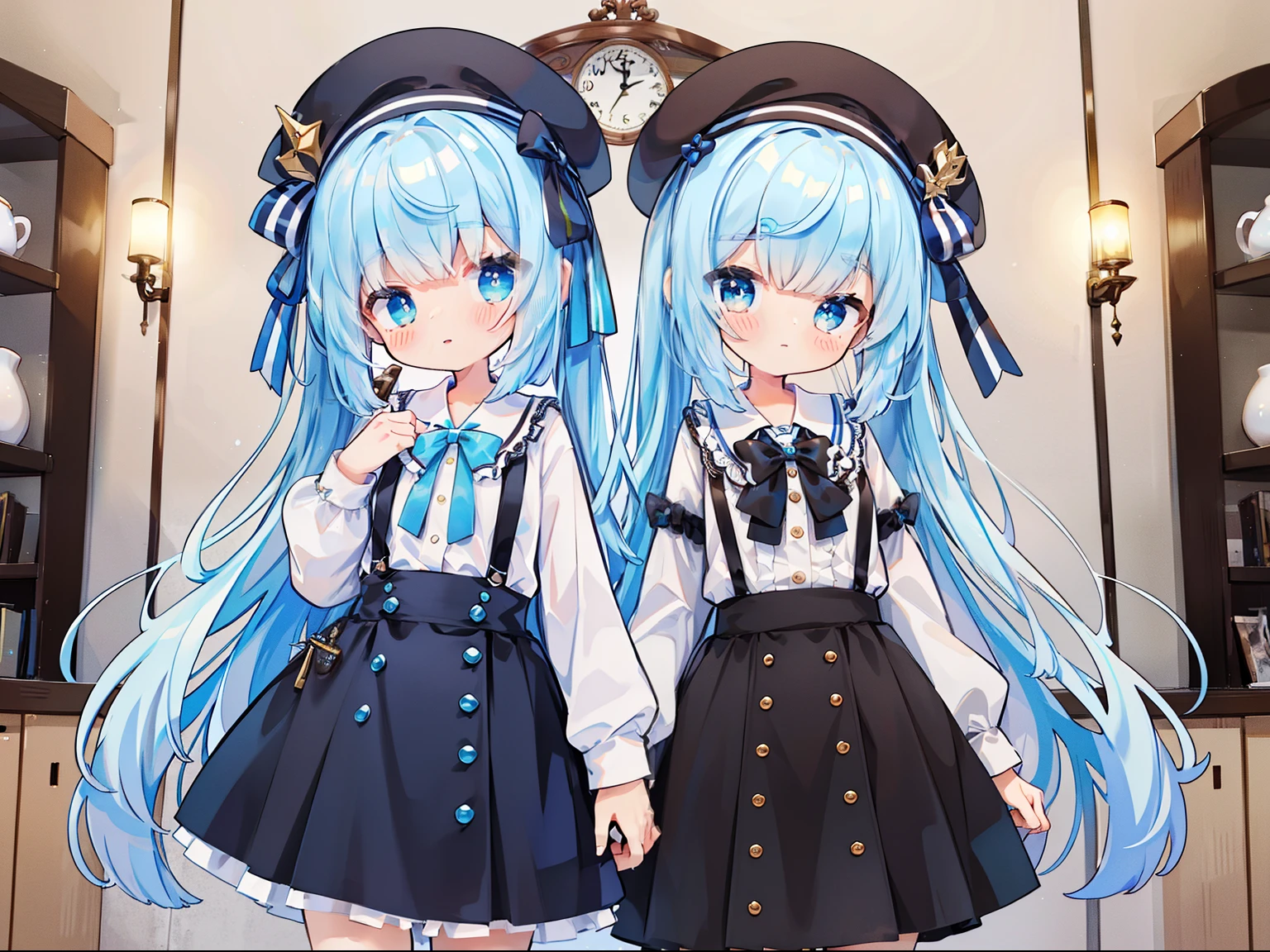 extremely detailed CG unified wallpapers 8k, very good wallpaper 8KCG, Absurder,Lori ,Best Quality ,ultra-detailliert ,beatiful face ,tmasterpiece、Show from head to waist、a girl standing、topquality(tmasterpiece), topquality, multiple people、twins、 light-blue hair、two-side-up、light-blue hair、brown beret、Checkered skirt with suspenders、Chocolate mint、light blue eyes、Light blue shirt、Brown ribbon、Cute little、tmasterpiece、topquality、Outstanding picture quality