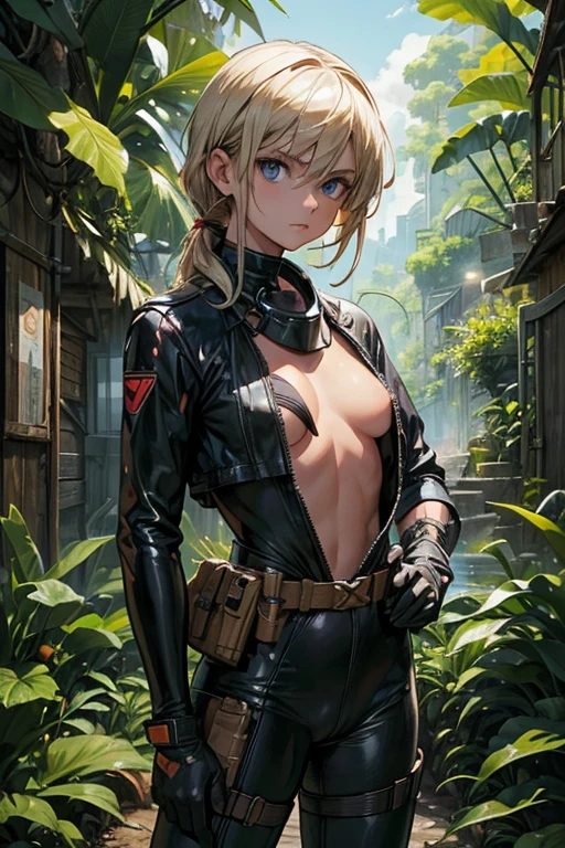 ​masterpiece, top-quality, MGS3EVA, tan jumpsuit, blue eyess, goggles around the neck, Black bra, a belt, gloves, boots, Wagas, in jungle、Small、teats、fullnude、Full visible,rubbersuit、Torn、barechested、polo