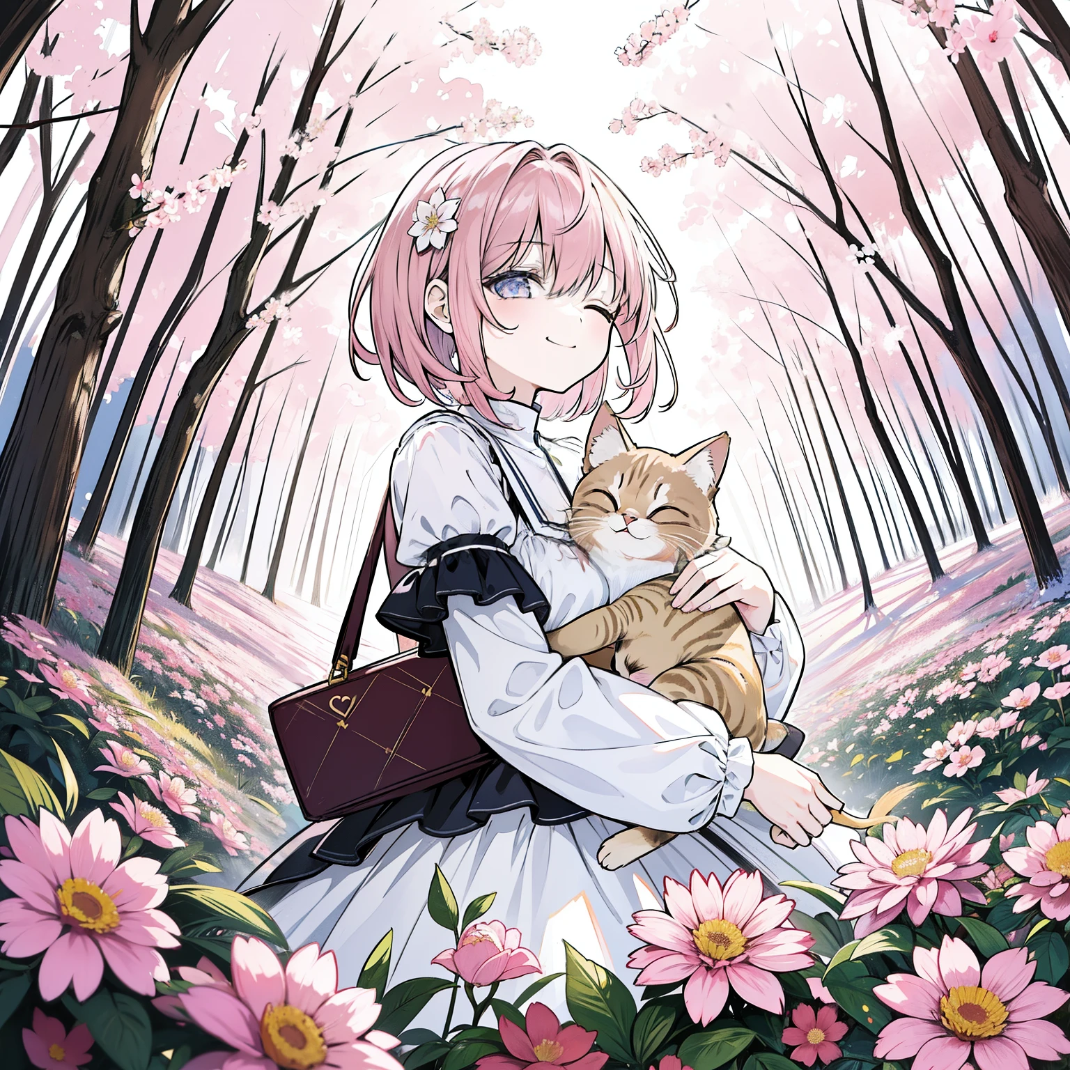 1 girl, 独奏, Best Quality, Ultra Detailed, minor, (Happy:1.4), covered eyes,
pink hair, Medium Hair, looking at the side,
on front, From Bottom, Portrait, Hug brown kitten, \(The kitten's mouth is closed\),
whitedress, blue ribbon, long sleeves, Standing,
in the woods, Flower Garden, Warm sunlight, penetrating through trees
