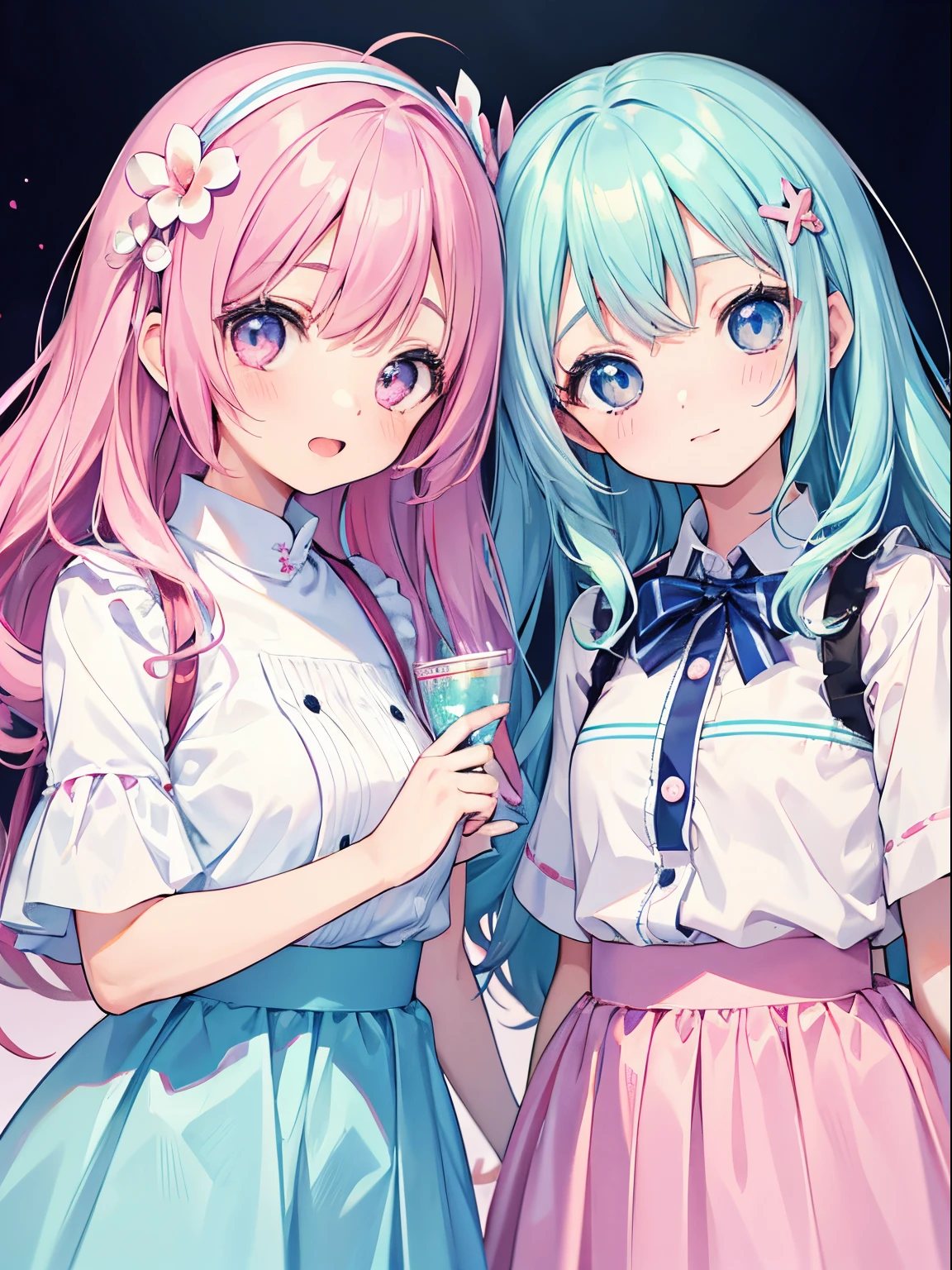 masutepiece, (2girls), idol, a closeup of a, big eyes, Kawaii Institute of Technology, Kawaii, Cute, pastel colours, Best Quality, Happy, Deep backstory, Symmetrical, tilt of head