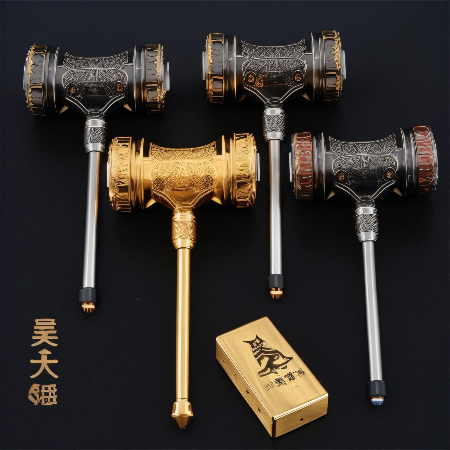 there are three different types of metal items on a black surface, thors hammer, mjolnir, 85 mm, 85mm, 8 5 mm, 80mm, 8 0 mm, 90mm, 9 0 mm, 1 0 5 mm, 105mm, hammer weapon, 84mm, 8 4 mm, 84mm)