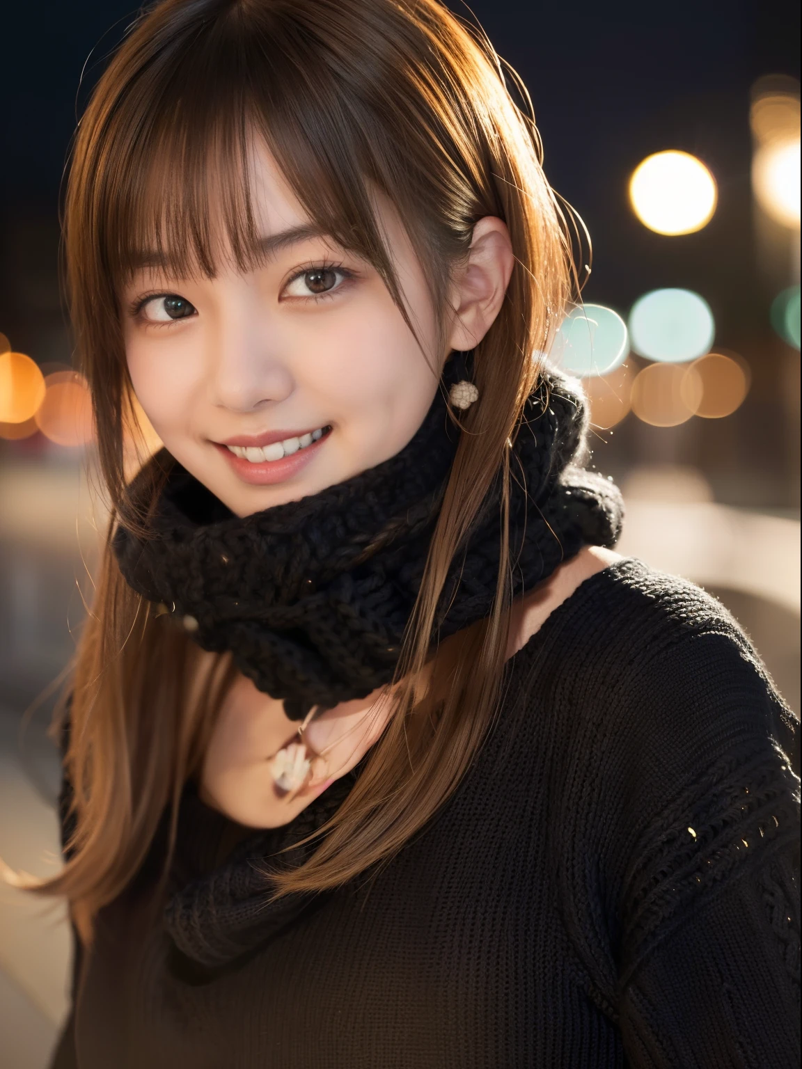 1 japanese idol,(Black sweater:1.4),(She wears a knitted snood around her neck to hide her chin........:1.5), (Raw photo, Best Quality), (Realistic, Photorealsitic:1.4), Shorthair, masutepiece, extremely delicate and beautiful, Extremely detailed, 8k wallpaper, amazing, finely detail, extremely detailed CG Unity, hight resolution, Soft light, beautiful detail, age19, extremely detailed eye and face, beautiful detailed nose, Beautiful detailed eyes,Cinematic lighting,city light at night,Perfect Anatomy,Slender face、Slender body,(burst into laughter:1.5)、(hair messy, asymmetrical bangs, light brown hair,)