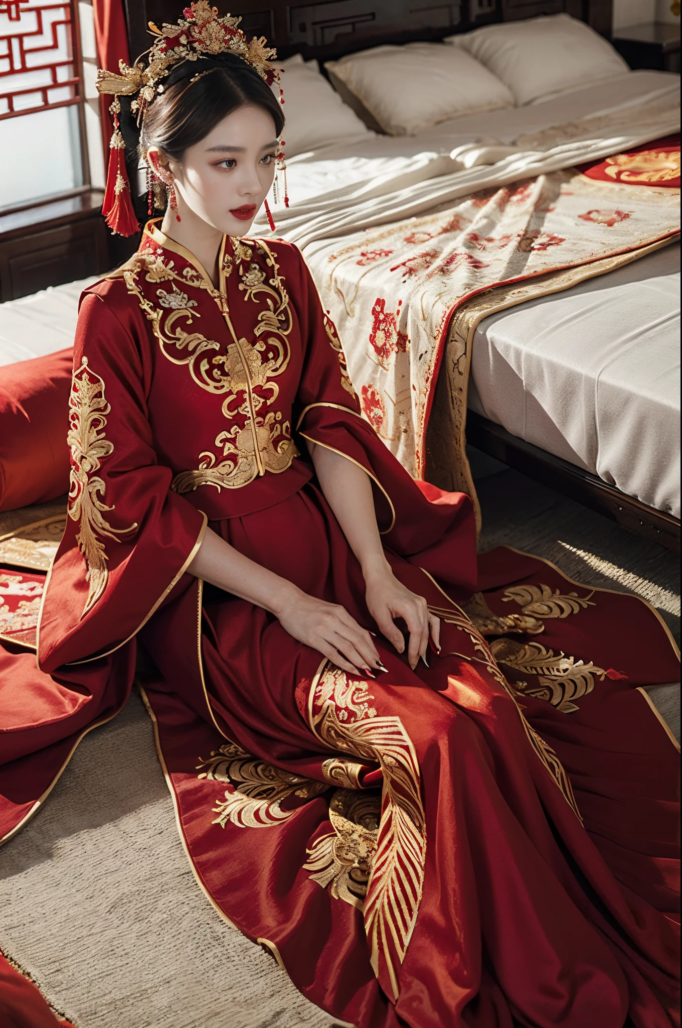 (ultra realistic 8k CG:1.2),perfect artwork,delicate pattern,intricate detail, (unparalleled masterpiece,best quality:1.2),(extremely intricate:1.2),a woman in a red and gold dress, Phoenix crown,hair stick,(sitting on red bed),Cosmetic,blush,shy,black_hair, looking down, Cosmetic,(forehead dot),(2 red candles), chinese_clothes, curtains, earrings, hair_ornament, hanfu, indoors, jewelry, red nails, long_sleeves, red dress, red lips, tassel, (Red quilt),(red palace:1.2),(ancient Chinese architecture),(red:1.8),night