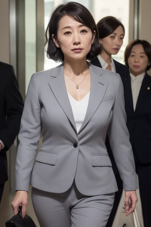 (((1 Japanese 40-year-old woman))), ((Sagging under the eyes)),(((nasolabial folds))),独奏,masutepiece, Best Quality, Photorealsitic, super detailed skin, Sharpen, Perfect Anatomy,Inside the city,Anatomy,独奏,Longhaire,((old body)), Sagging udder) (thick waist),(flabby body)(,Plump body),bunk butt,Serious look,Mature AV Actress, glamor, A sexy,(((Fair skin with many wrinkles))),small diamond necklace,(((Gray Office Lady Suit))),skirt by the,(Black high heels),Staring at this,