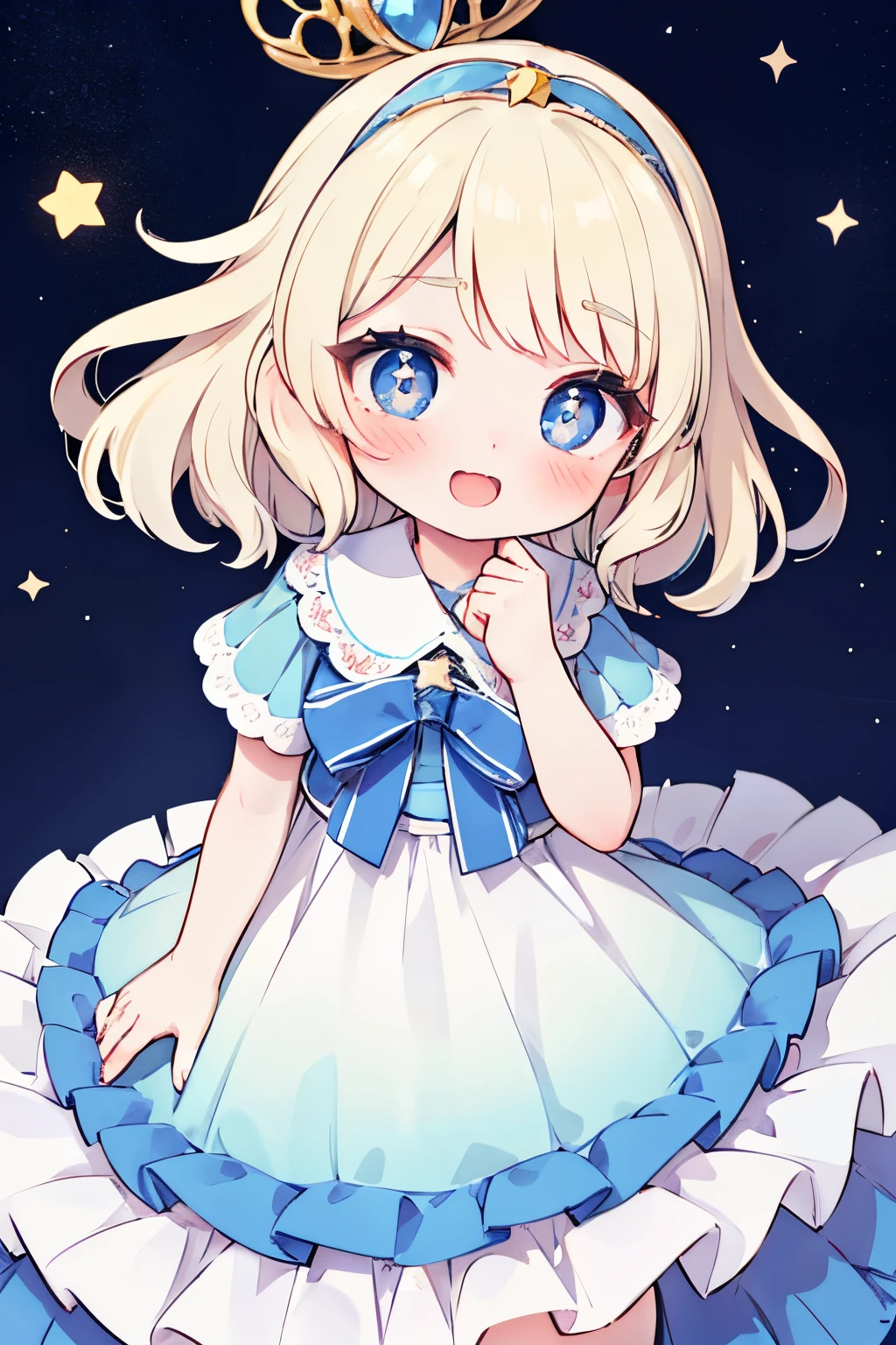 1girl,Princess, (light blonde hair), light blue eyes, short bob , Shiny hair, Wavy Hair, full-face blush,:D,heart-shaped pupils, ,twinkle in the eyes, Head tape ,star ribbon , frilled dress,long skirt,blink,adorable,angelical,idol (((: Star), ombre:1.5