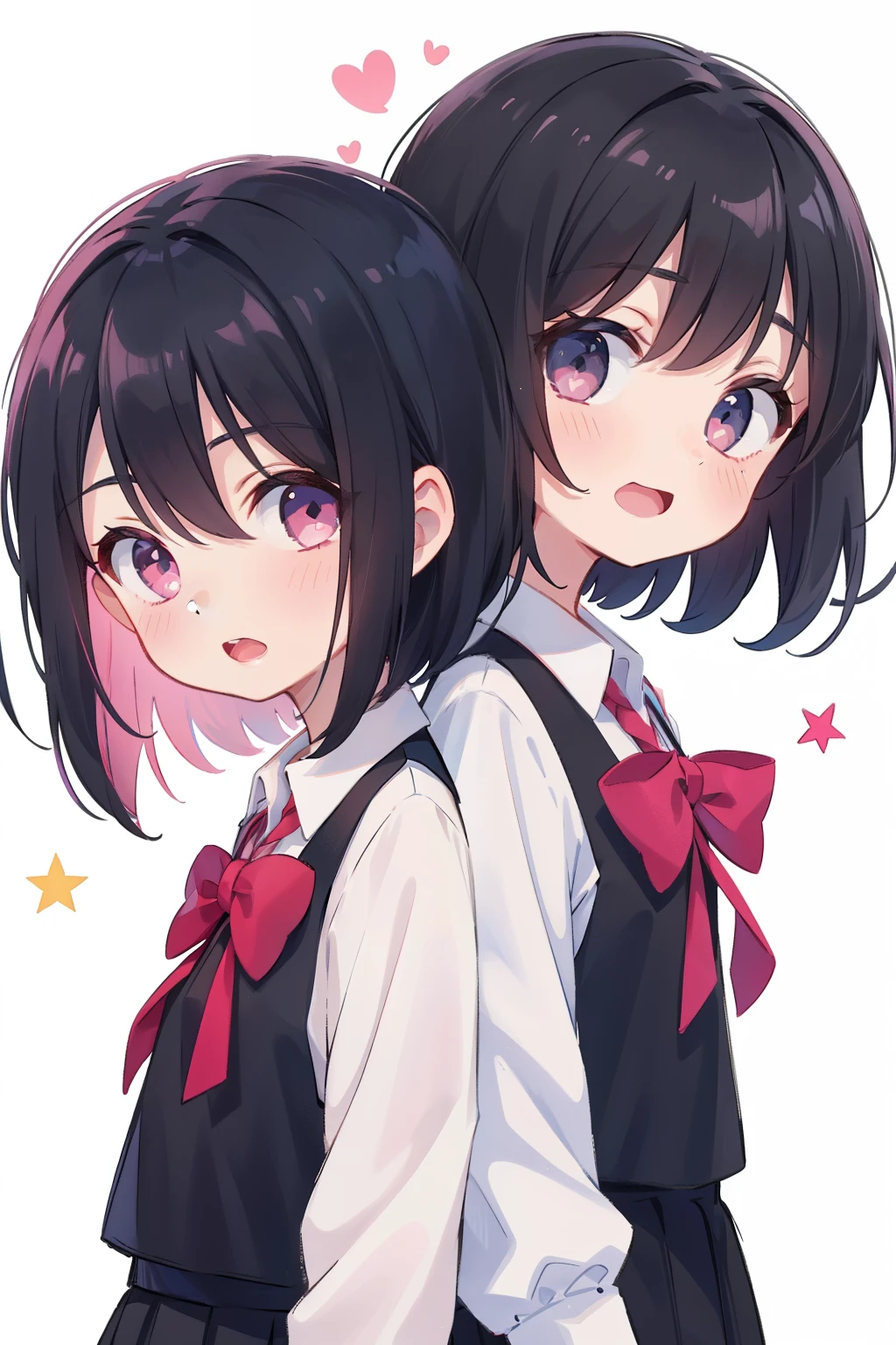 2 girls, 2 people. black and pink hair, long and short hair, in a high school uniform, whitebackground, upper-body, Big Faces, look at the viewer, with admiration, with stars and hearts in the eyes, open mouths