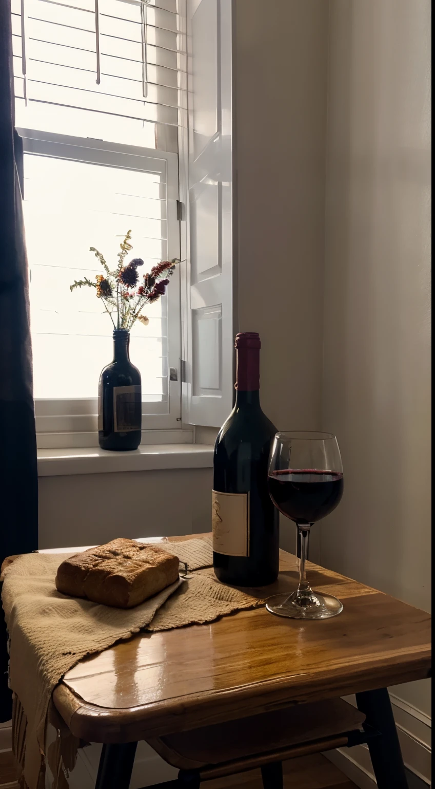 There was a bottle of red wine on the table、Biscuits and bread, Napkins and wine glasses,  Window lighting , Bright light, Background curtains, Still life impasto painting , Deep dark background,