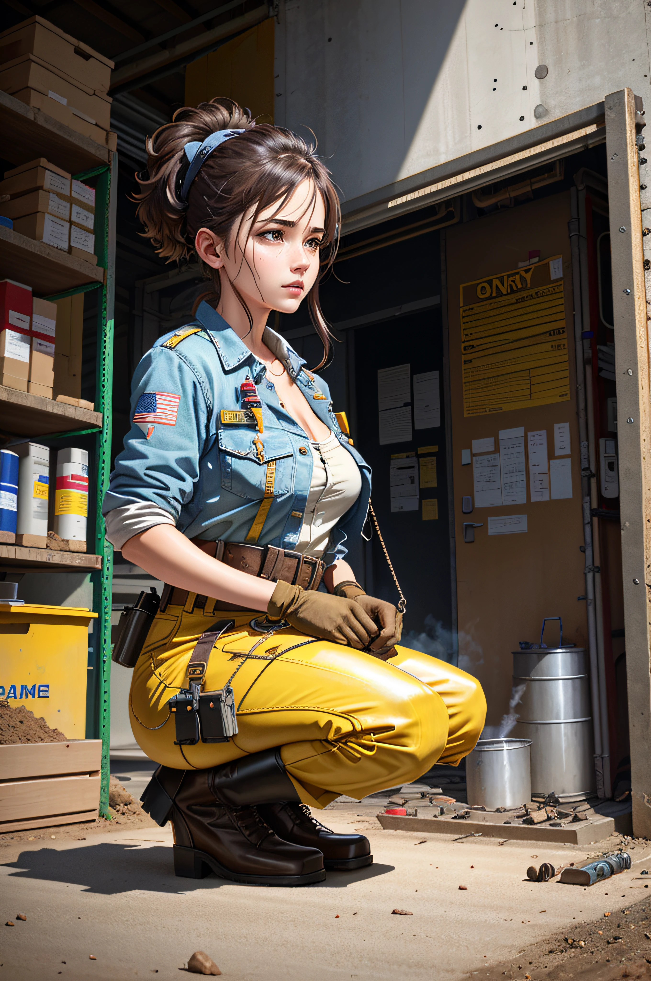 masterpiece, best quality, ultra-detailed, illustration, 1girl, solo, shiny, reflective, latex, work suit, voluptuous, body, squatting, detailed, work shoes, messy, workshop, industrial, high heels, black, red, silver, metallic, gloves, goggles, protective, equipment, machinery, tools, sparks, dirt, grime, oil, stains, sweat, exhaust, pipes, gauges, dials, buttons, levers, cables, wires, hydraulic, systems, hydraulic press, crane, pulley, welding, torch, grinder, drill, saw, hammer, screwdriver, wrench, pliers, spanner, toolbox, fire extinguisher, first aid kit, ventilation, ducts, light fixtures, emergency exit, warning signs, caution tape, posters, calendar, coffee mug, dirty, workbench, storage, shelves, bins, lockers, hard hat, safety vest, ear muffs, face shield, respirator, smoke, fumes, debris, concrete floor, concrete walls, metal beams, rivets, bolts, screws, nuts, washers, chains, ropes, hooks, clamps, magnets, bearings, lubricants, fluids, solvents, adhesives, lubrication, maintenance, repair, overhaul, upgrade, installation, assembly, fabrication, customization, prototype, research, development, testing, quality control, inspection, certification, compliance, regulation, standard, efficiency, productivity, innovation, excellence, satisfaction, teamwork, dedication, professionalism, empowerment, diversity, equality, respect, safety culture, industrial fashion, sci-fi, cyberpunk, dystopian