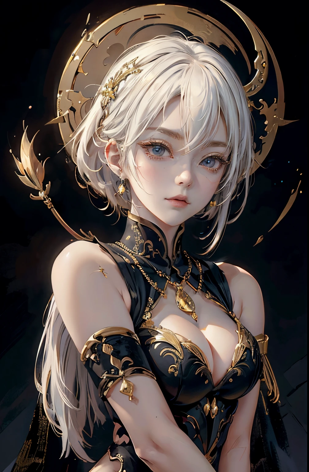 Anime girl with short blond hair and gold jewelry in front of black background, onmyoji detailed art, anime goddess, portrait onmyoji, Onmyoji, white haired god, the goddess artemis smirking, goddess of the moon, intricate gorgeous anime CGI style, Beautiful fantasy empress, Works of the Goddess of Sorrow, goddess of the moon, goddess of the moon, (Colossal tits:1.4), (Detailed eyes:1.4)