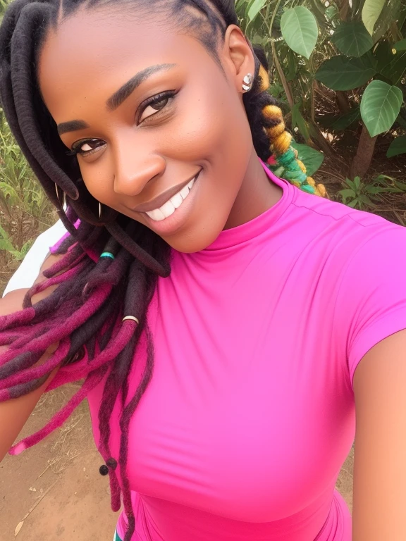 mulher sorridente com camisa rosa e dreadlocks roxos posando para uma foto, ela tem cerca de , Menina na de pele clara, taken in the early 2020s, beleza natural, bonito e sorridente, com cabelo rosa, Anos Imane, selfie de uma jovem mulher, mulher jovem negra, adolescente negra, com pele parda