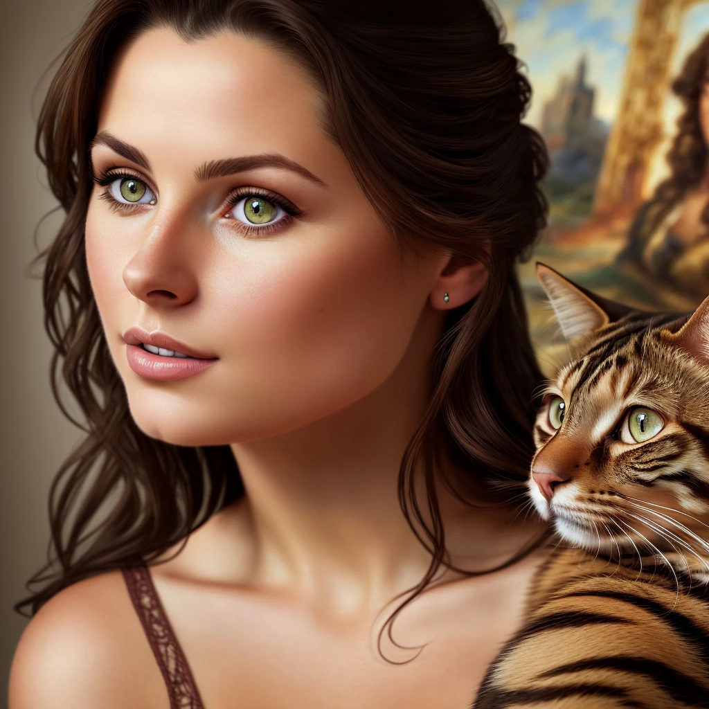 portrait of one beautiful brunette woman holding hazel eyed cat gazing straight at camera (masterpiece: 1.5) (photorealistic: 1.1) (best quality) (detailed: 1.1) (intricate) (8k) (HDR) (wallpaper) (cinematic lighting) (sharp focus)