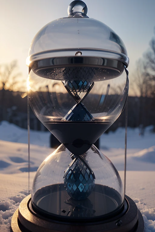 Hourglass with sophiscated gear with winter background