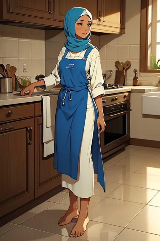 3DMM, ((Masterpiece, best quality, photography, detailed skin, realistic, photo-realistic, 8k, highly detailed, full length frame, High detail RAW color art, diffused soft lighting, shallow depth of field, sharp focus, hyperrealism, cinematic lighting, hijab, a woman in a beautifully makeup, smokey eyeshadow, beautiful big eyes, long eye lashes, wearing (gray satin hijab), loosely tide hijab style, ((black satin shirt)), satin long maxi skirt, preparing dinner in the kitchen, orange teal colour grading