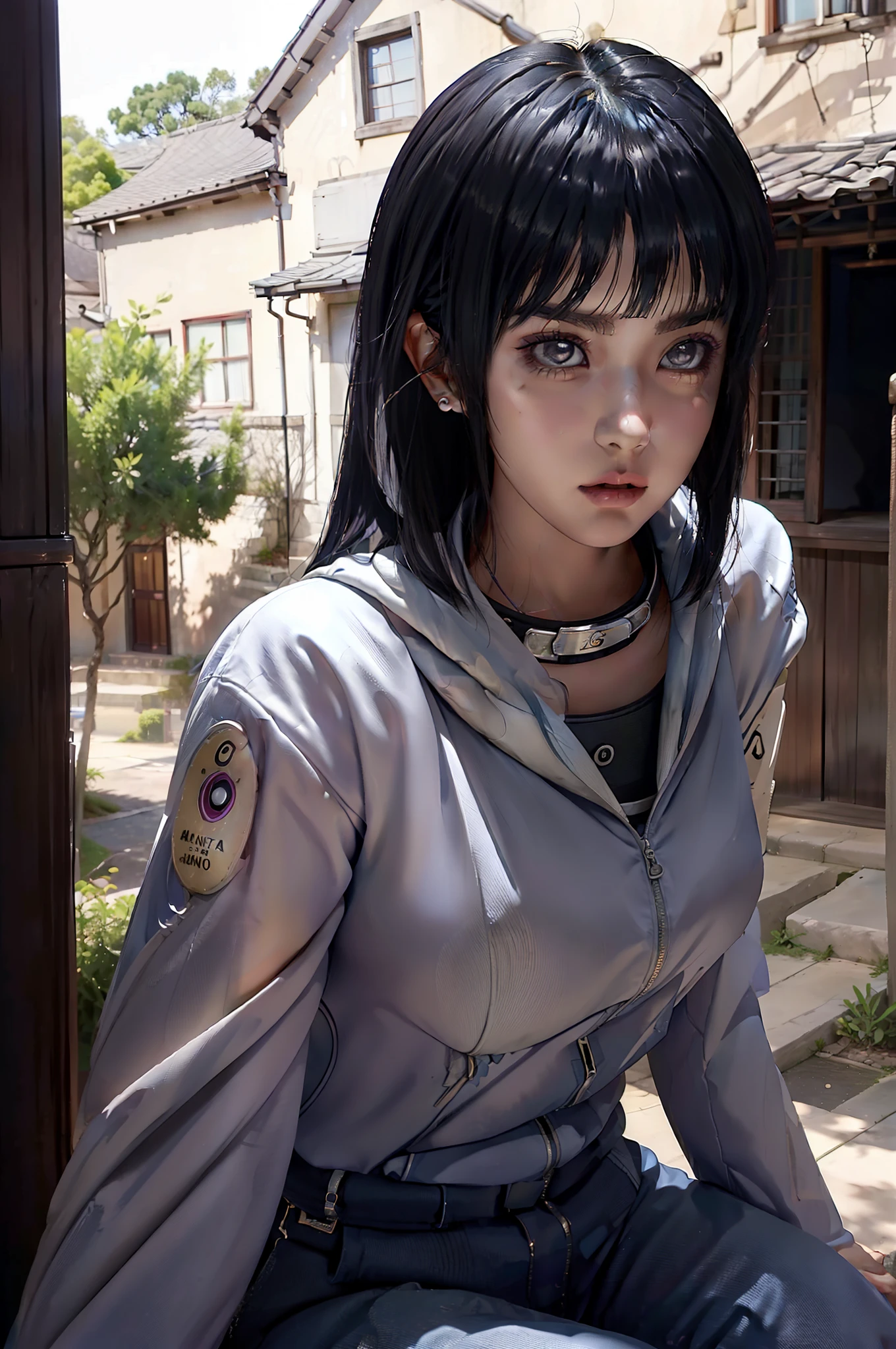 1girl, Hyuga Hinata em Anime Naruto, cabelos longos, cabelos pretos, olhos brancos, sorrir, Beautiful, roupas roxas, peito muito grande, Roupas realistas, detalhe roupas, Fundo exterior, ultra detalhe, Realistic