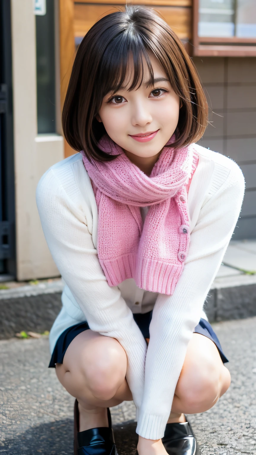 Best-quality, Masterpiece, Ultra-High-Resolution, (Photorealistic:1.4), Raw-Photo, Extremely-Details, Perfect-Anatomy,
1girl, most popular Japanese idol, squatting at Japanese winter street, (((((right in front view):1.3)))), innocent smile, looking at viewer, hands on thighs,
panty-shot, UPSKIRT,
detailed crotch wearing white cotton panties with cute patterned, detailed white cotton panties with cute patterned, wearing navy blue pleated skirt, detailed navy blue pleated skirt,
wearing black loafer shoes and white sox, detailed black loafer shoes, detailed white sox,
extremely beautiful thighs and knees,
wearing loose light pink sweater and cute designed colorful scarf, detailed loose light pink sweater, detailed cute designed colorful scarf,
extremely cute face like a most famous Japanese idol, extremely beautiful big black solid circle eyes, very beautiful black short-cut-haired,
detailed cute face, detailed big black solid circle eyes, detailed beautiful black short-cut-haired