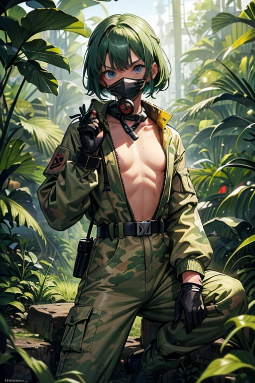 ​masterpiece, top-quality, MGS3EVA, tan jumpsuit, blue eyess, goggles around the neck,Green hair, a belt, gloves, boots, Wagas, in jungle、Small、teats、fullnude、Full visible,Black rubber suit、Torn、barechested、polo