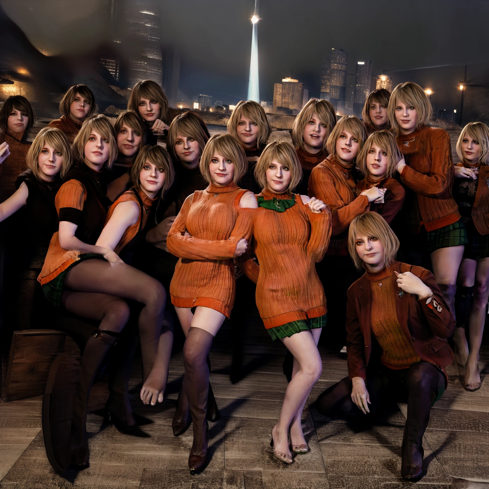 Ashley graham, orange Sweater, Mini green skirt, Brown heels, beautiful face, smile, blonde hair, Hand holding cellphone