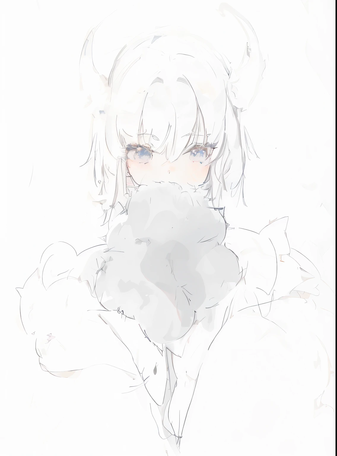 Wear a scanime girl with cat in mouth, Line!!, Line, Soft anime illustration, anime sketch, By Anime Painter Studio, fluffy furry, furry neck, Fluffy fur, soft fur, white cat girl, Rough sketch, soft contour, With white fluffy fur, Matte sketch, sketchy artstyle, old sketch, Fluffy