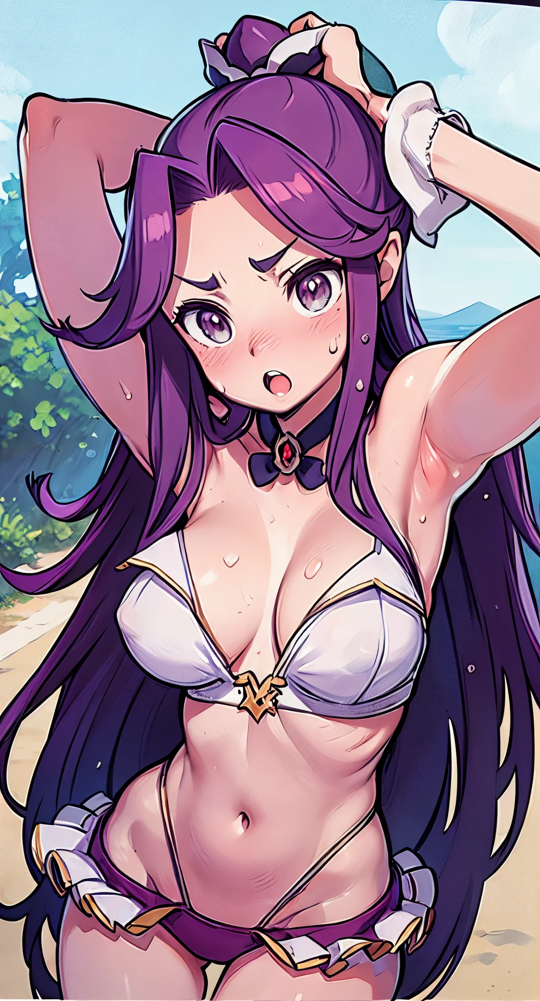 (Perfect body),Best Quality,(8K Portrait),(Official art)、((NSFW))、((Big Big Breasts))、((thick thight))、((big butts))、(Long hair))、(verd s eyes)、 (purple color hair),(Forehead),(Parted bangs)、((Sweat))、(School uniform)、(Sleeveless white shirt)、(Red mini skirt)、(Light blue lace panties)、(((:o)))、(((((embarrassed from)))))、1girl in、((Hands behind the head))、Armpits、(((Panchira)))