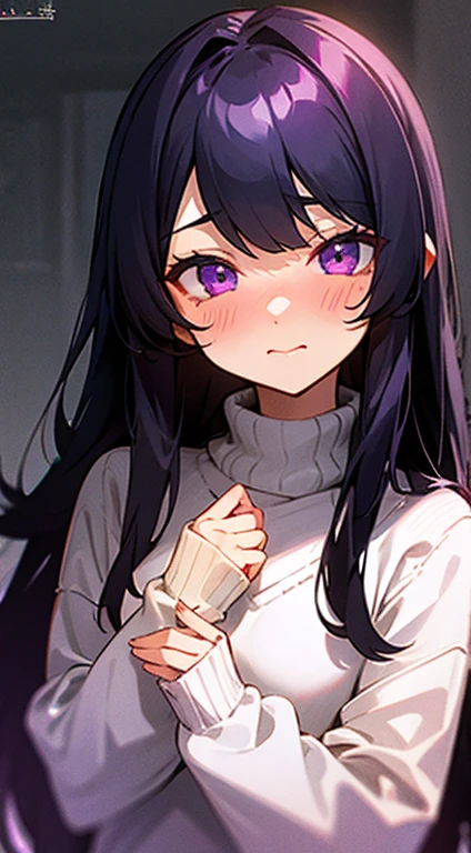 Girl woth black long hair with cute bangs and dark violet eyes blushing with a long neck sweater
