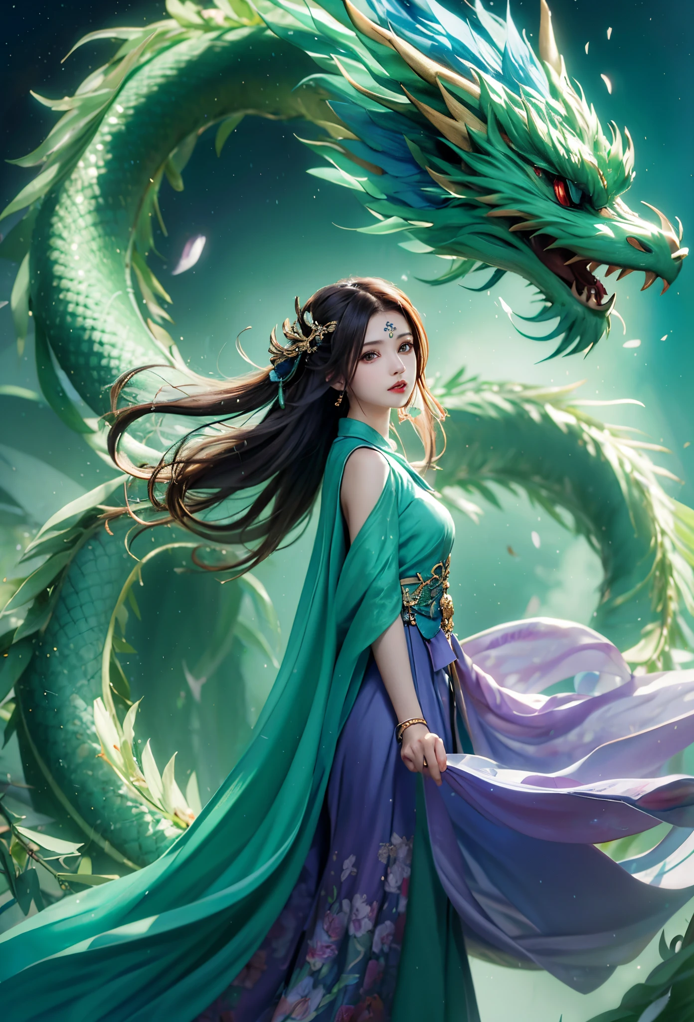 Woman in long dress standing next to dragon, chinese fantasy, cyan chinese dragon fantasy, beautiful fantasy art, Portrait of the Dragon Woman, dragon girl, Realistic fantasy illustration, Alice X. zhang, very beautiful fantasy art, xianxia fantasy, amazing fantasy art, beautiful fantasy art portrait, jingna Zhang, Popular digital fantasy art