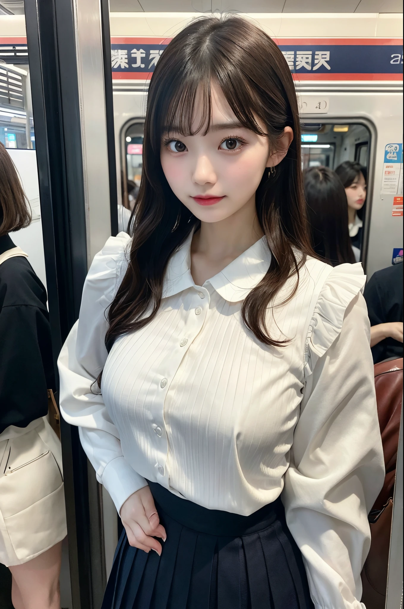 Top image quality、4K picture quality、Best Quality、huge tit、g-cup、22year old、japanes、short stature、Wearing a white blouse with a long-sleeved collar、Wearing a pleated skirt、Standing in front of me on a crowded train、Watching from above、Hands on chest