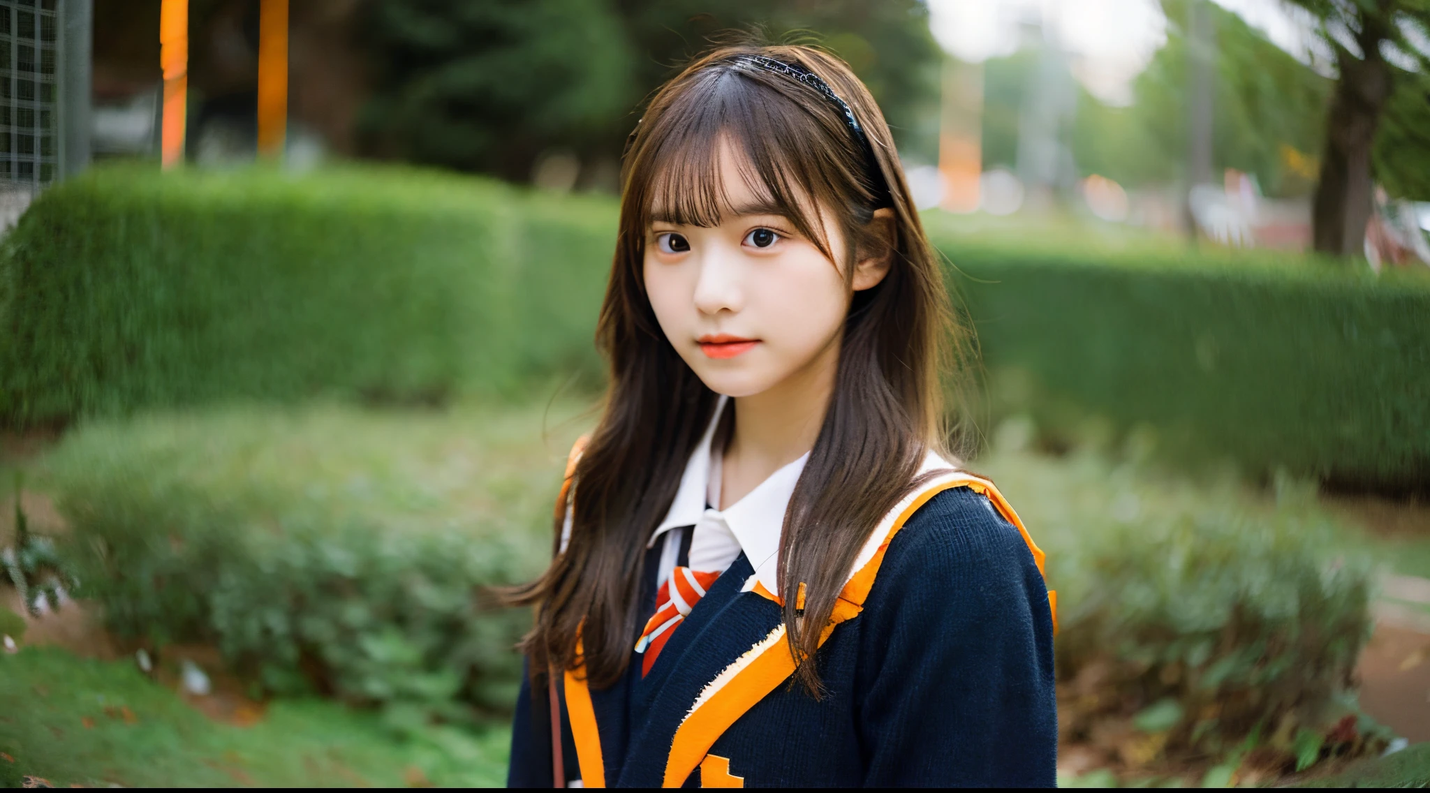High school girl, 18 years old, wearing an orange miniskirt
