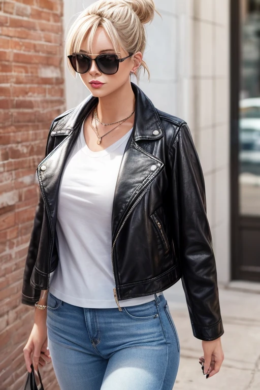 (masutepiece:1.2, Best Quality), 1lady, Solo, Upper body, Big Tits, Chic edgy leather jacket and classic white t-shirt、Combination of distressed jeans Effortless with confidence with minimal makeup and messy buns (Music festivals and trendy downtown neighborhoods) Statement sunglasses and chunky jewelry, With convenient crossbody bag