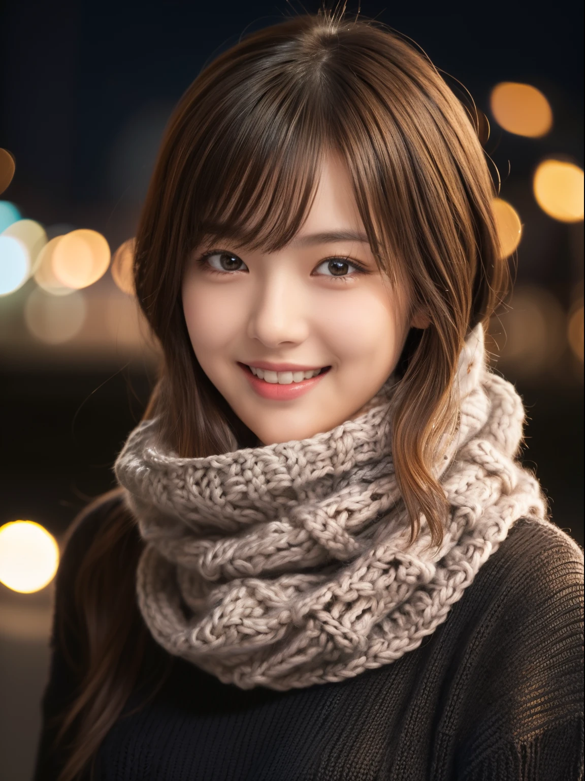 1 japanese idol,(Black sweater:1.4),(She wears a knitted snood around her neck to hide her chin..........:1.5), (Raw photo, Best Quality), (Realistic, Photorealsitic:1.4), Shorthair, masutepiece, extremely delicate and beautiful, Extremely detailed, 8k wallpaper, amazing, finely detail, extremely detailed CG Unity, hight resolution, Soft light, beautiful detail, age19, extremely detailed eye and face, beautiful detailed nose, Beautiful detailed eyes,Cinematic lighting,city light at night,Perfect Anatomy,Slender face、Slender body,(burst into laughter:1.5)、(hair messy, asymmetrical bangs, light brown hair,)