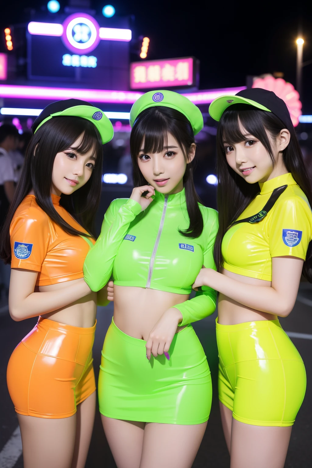 Idol group trio Esbian、、、、fluorescent latex uniform、Neat and clean idol face、、、large full breasts、Good Style、Have fun playing