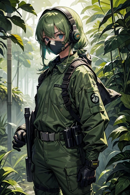 ​masterpiece, top-quality, MGS3EVA, tan jumpsuit, blue eyess, headphones around neck,Green hair, a belt, gloves, boots, Wagas, in jungle、Small、,Black rubber suit、Torn、polo、Fighting、gas masks、Camouflage pattern、younggirl、Black inner