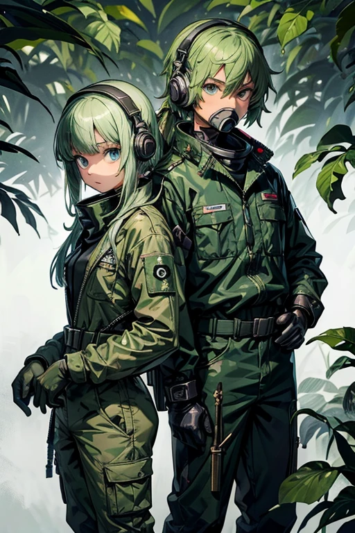 ​masterpiece, top-quality, MGS3EVA, tan jumpsuit, blue eyess, headphones around neck,Green hair, a belt, gloves, boots, Wagas, in jungle、Small、,Black rubber suit、Torn、polo、Fighting、gas masks、Camouflage pattern、younggirl、Black inner