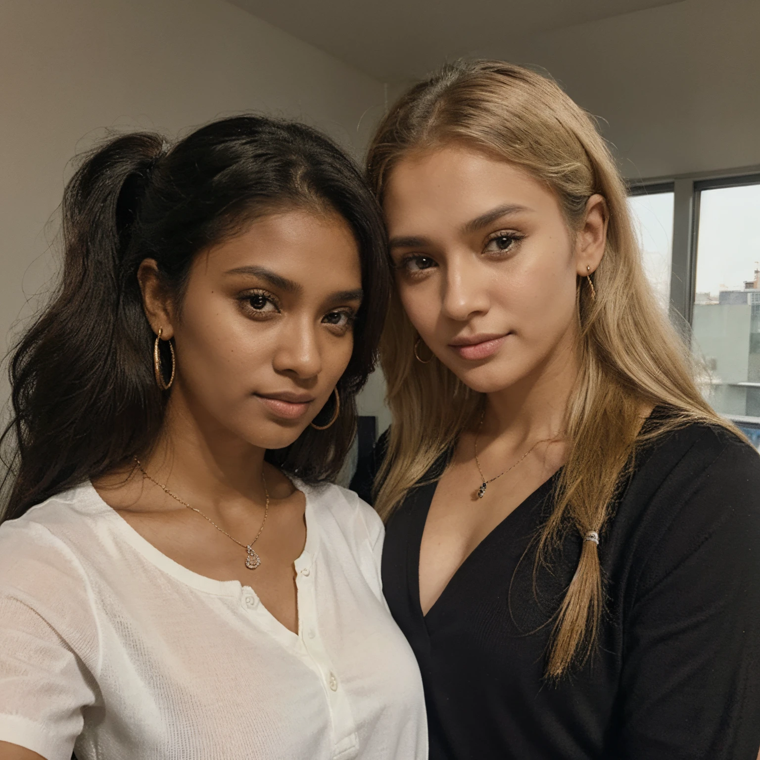 22-year-old dark Sri Lankan woman named Kasuni and, her pure white Canadian mother blonde named Celestia, looking at the camera, ((make sure Celestia is a blonde, white Canadian 48-year-old woman, aged)), ((Kasuni is 22-year-old, solid black long ponytail hair, dark skin)), ultra-realistic selfie photo, feminine features, (both have same facial components), formal office suits, jewelry.