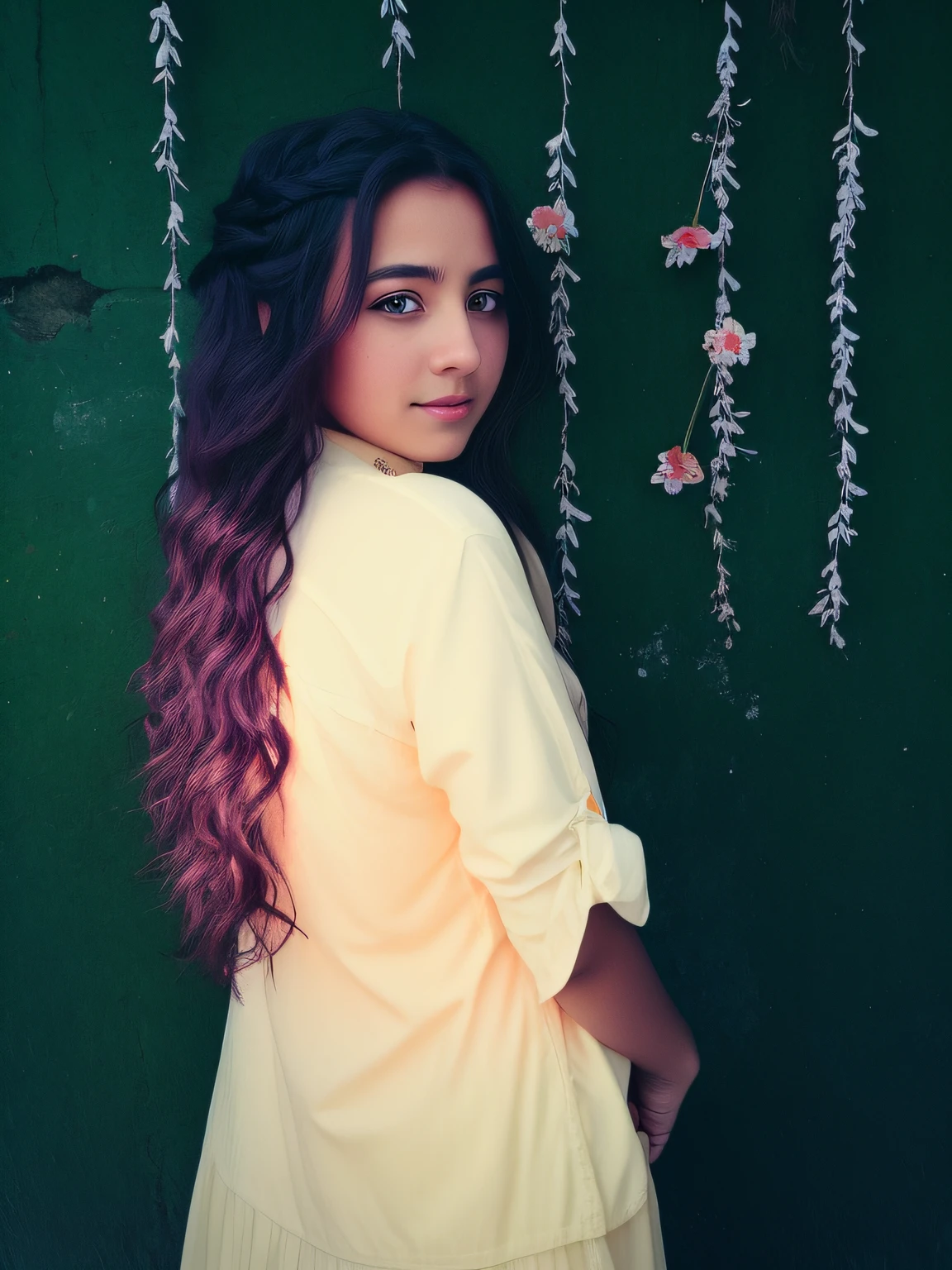 There is a woman with long hair standing in front of a wall, taken in the early 2020s, imagem de perfil, foto do perfil, ela tem cerca de , tiradas no final dos anos 2000, foto colorida, foto de perfil, tomada em 2 0 2 0, taken in the late 2010s